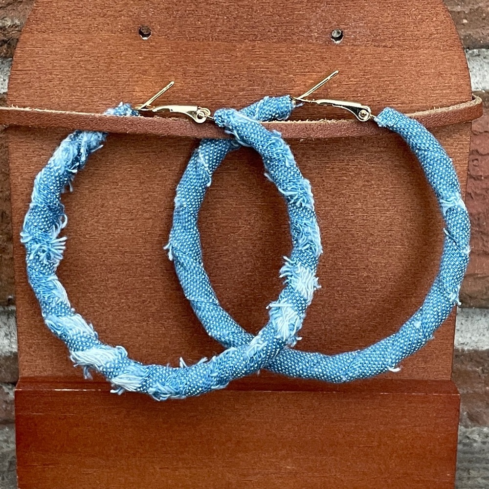 Distressed Denim Hoop Earrings - Picture 1 of 2